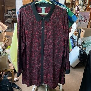 Catherines Red and Black Lace Gothic Floral Printed Button Front Blouse 3X